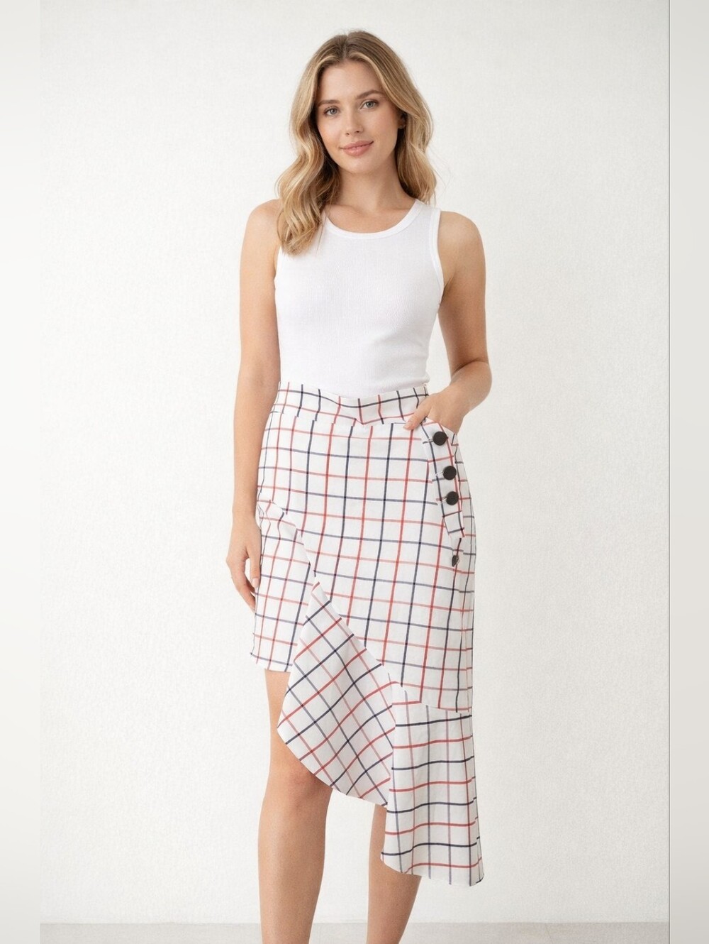 24. Grey Lab Asymmetrical Grid Midi Skirt Size Small NWOT Modern Check Pattern
